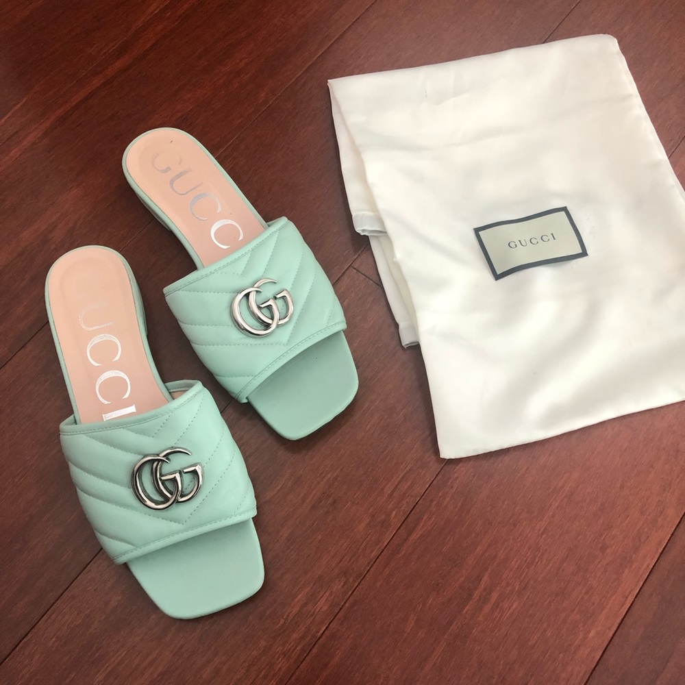 Gucci Marmot GG slide sandals mules . Mint green & Chevron quilted